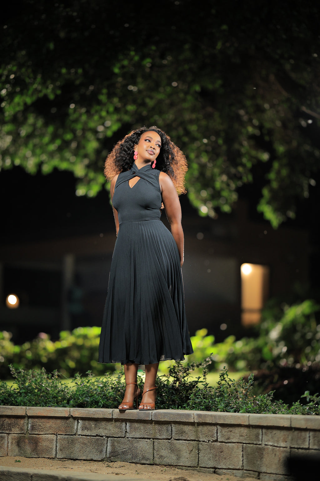 The Wimbi Black Twist Neck Pleated Skater Maxi Dress