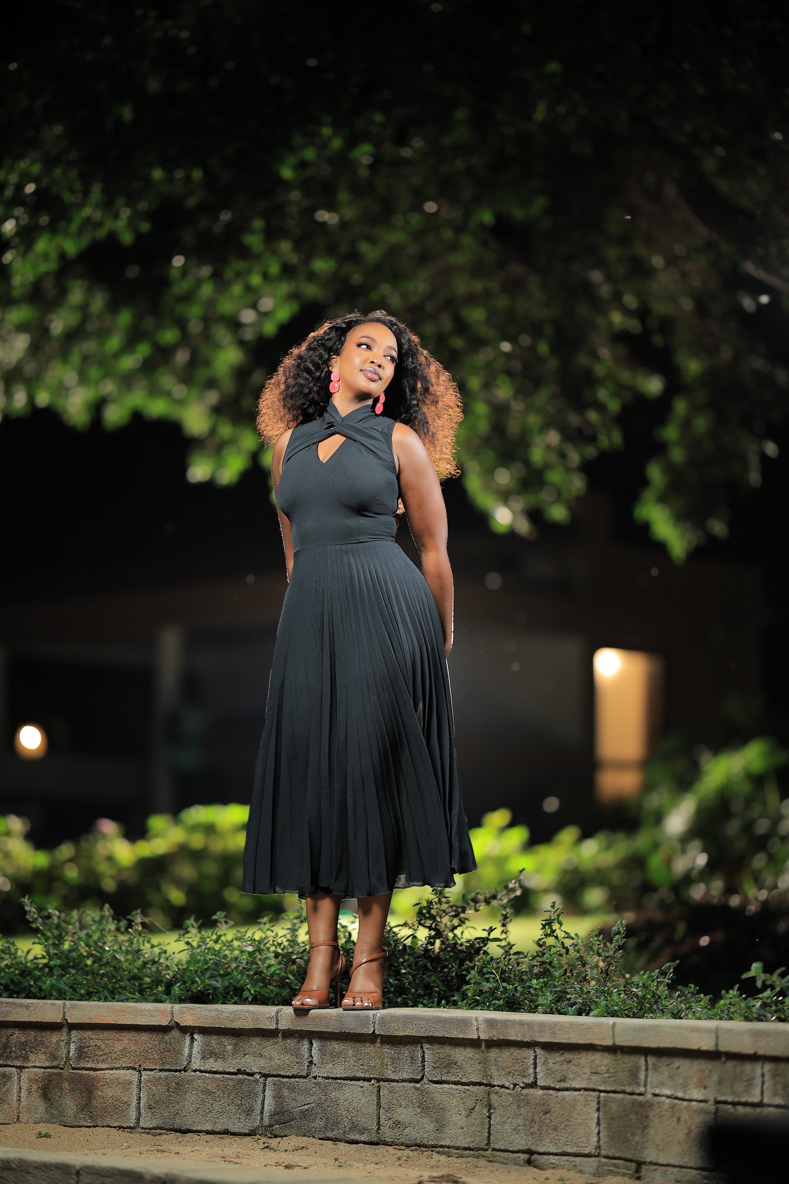 The Wimbi Black Twist Neck Pleated Skater Maxi Dress