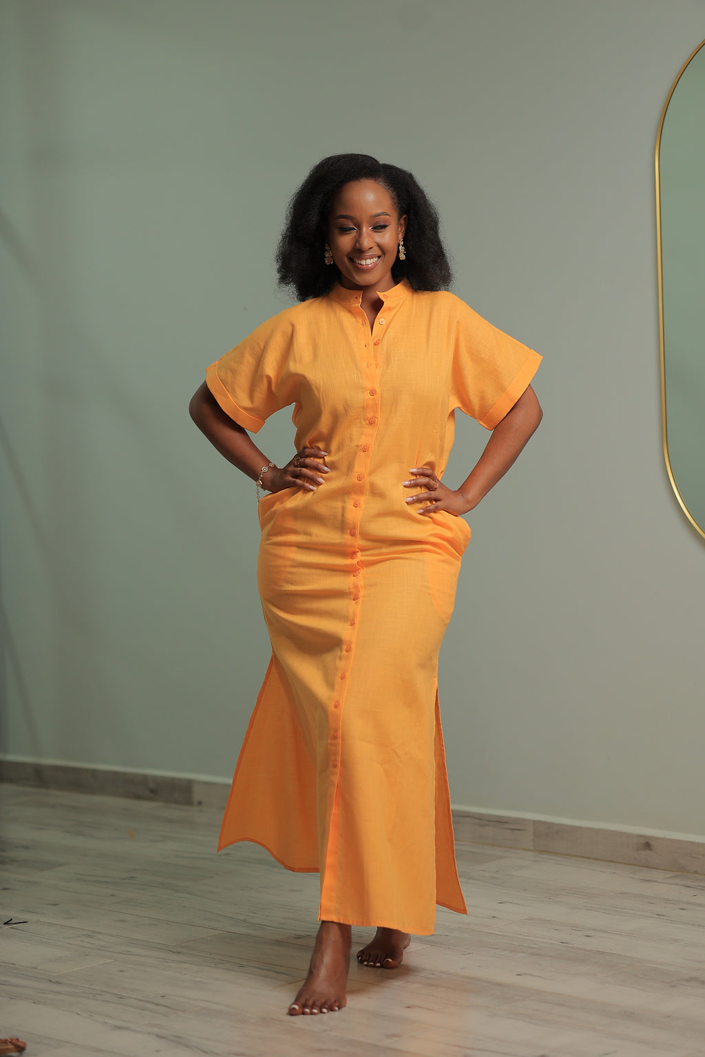 The  Shema Mustard Linen Shirt Dress