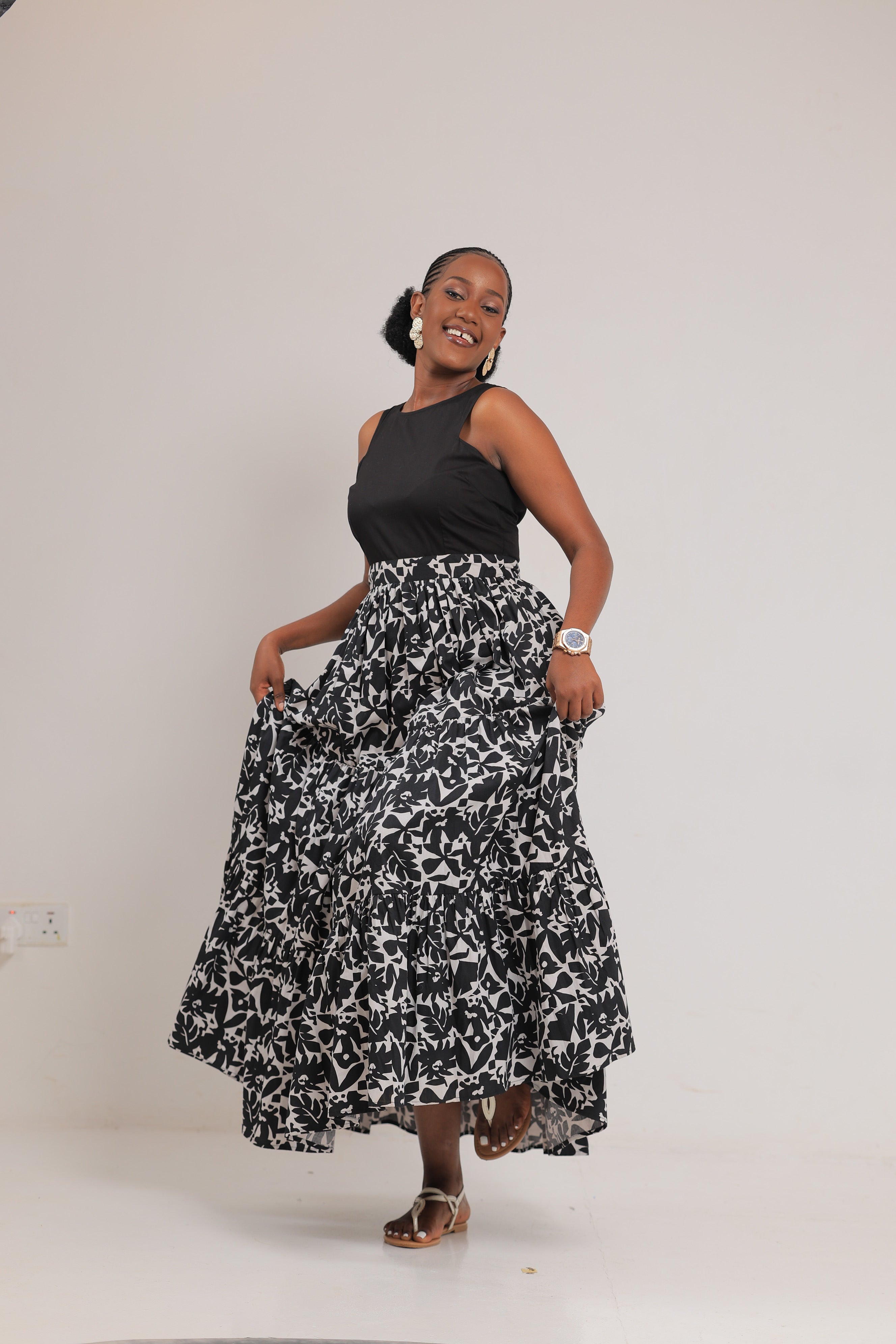 NYONYOZI BLACK AND WHITE FLORAL MAXI DRESS