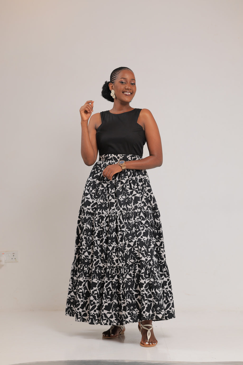 NYONYOZI BLACK AND WHITE FLORAL MAXI DRESS
