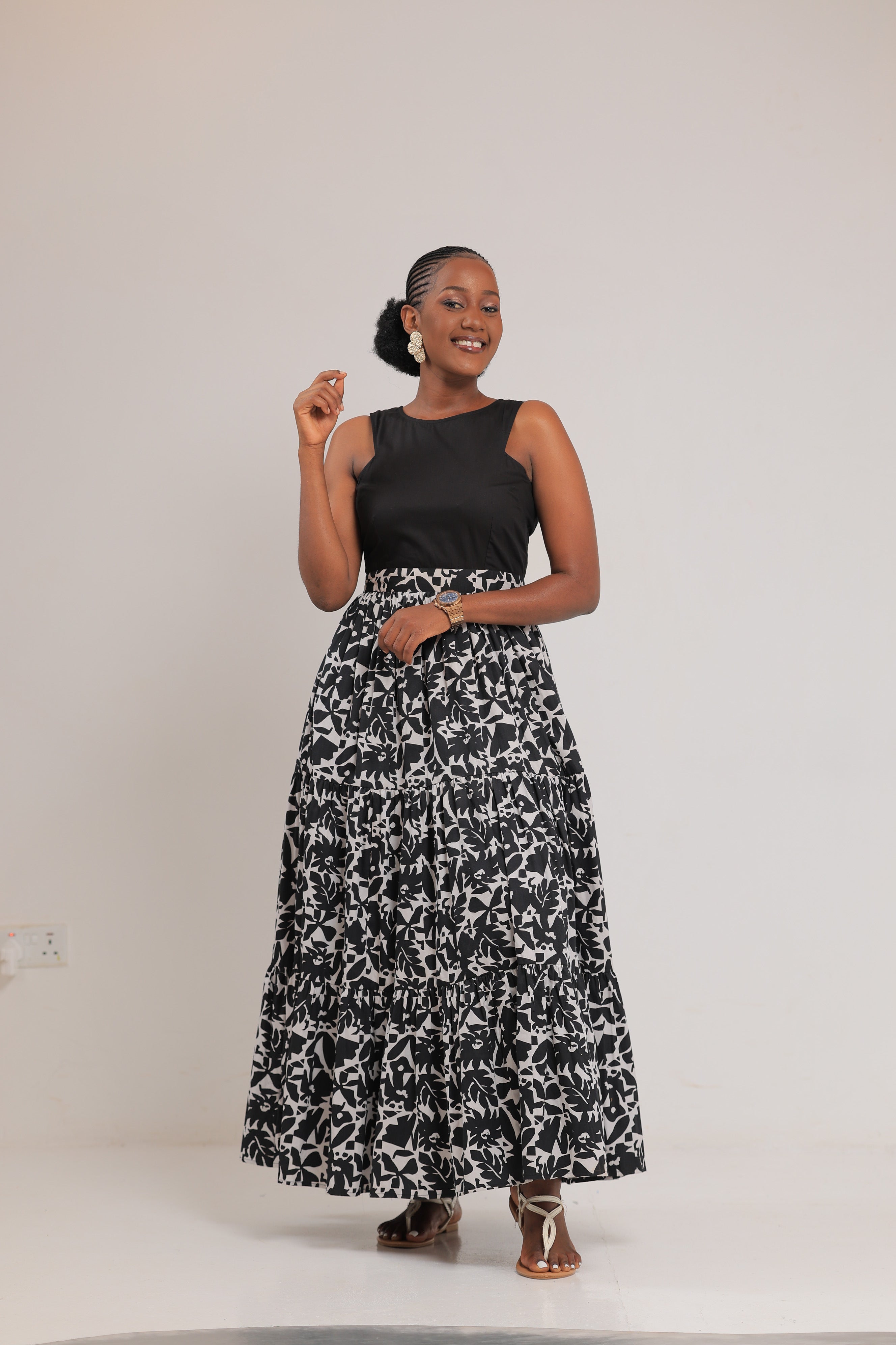 NYONYOZI BLACK AND WHITE FLORAL MAXI DRESS