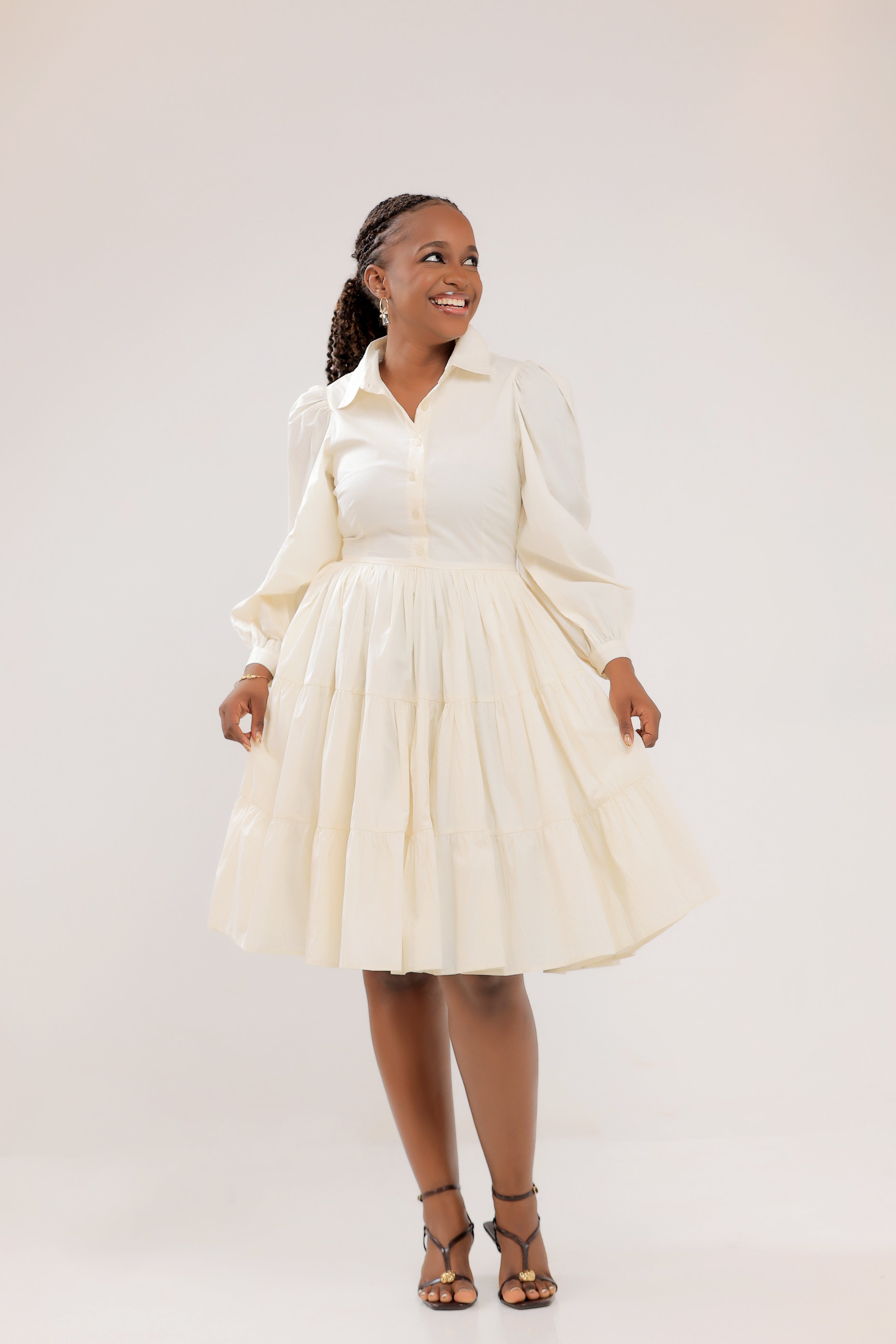 Bujjagali Off White Puff sleeve Skater Dress