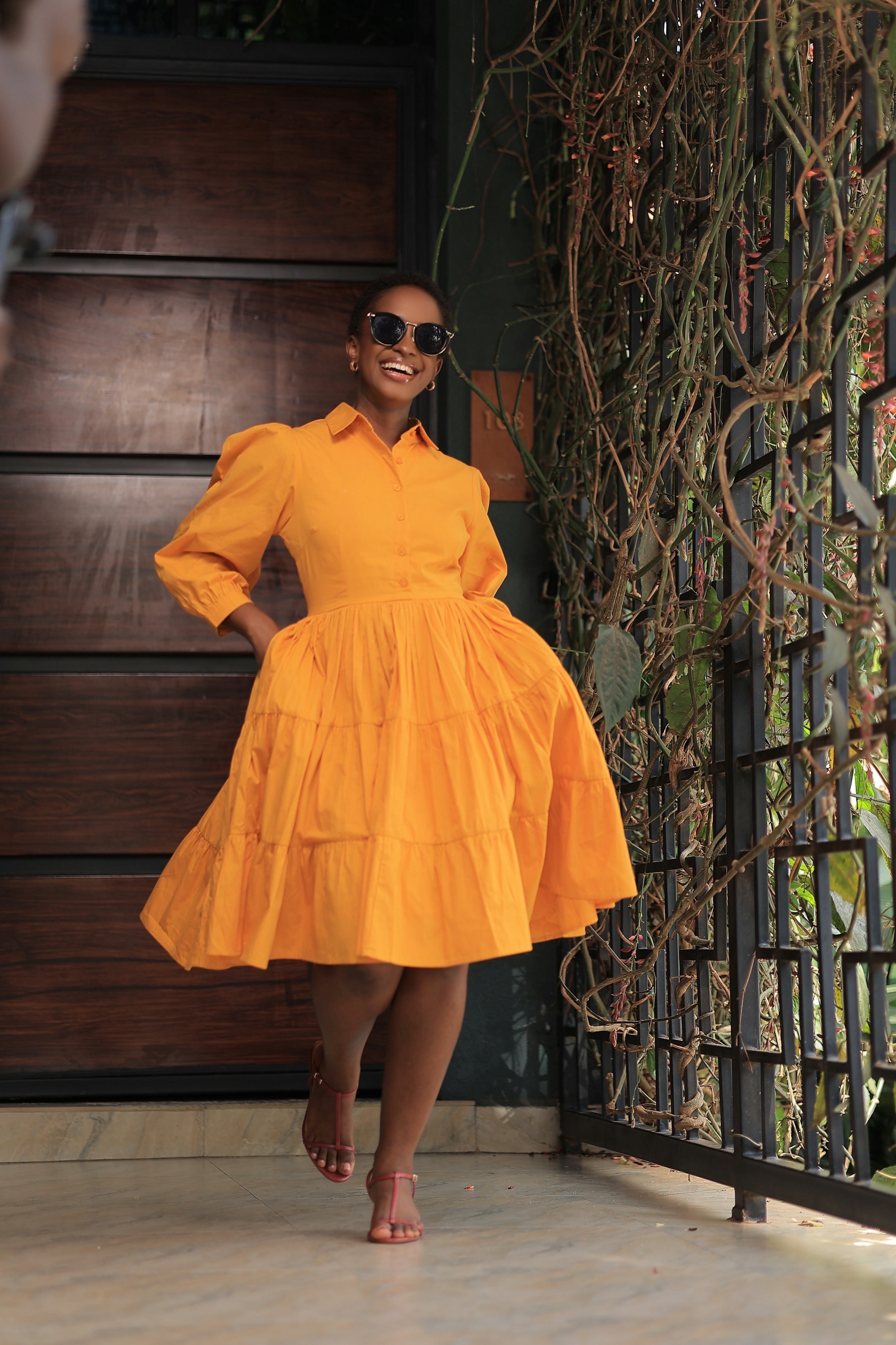 The Bujjagali Mustard sunrise puff sleeve skater dress