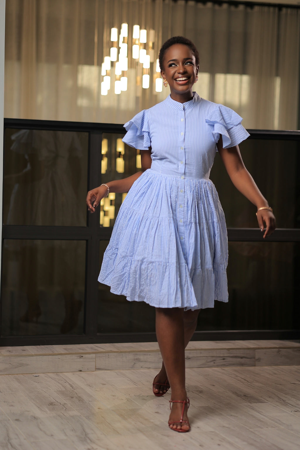 The Kansiime Blue Butterfly Sleeve Skater Dress