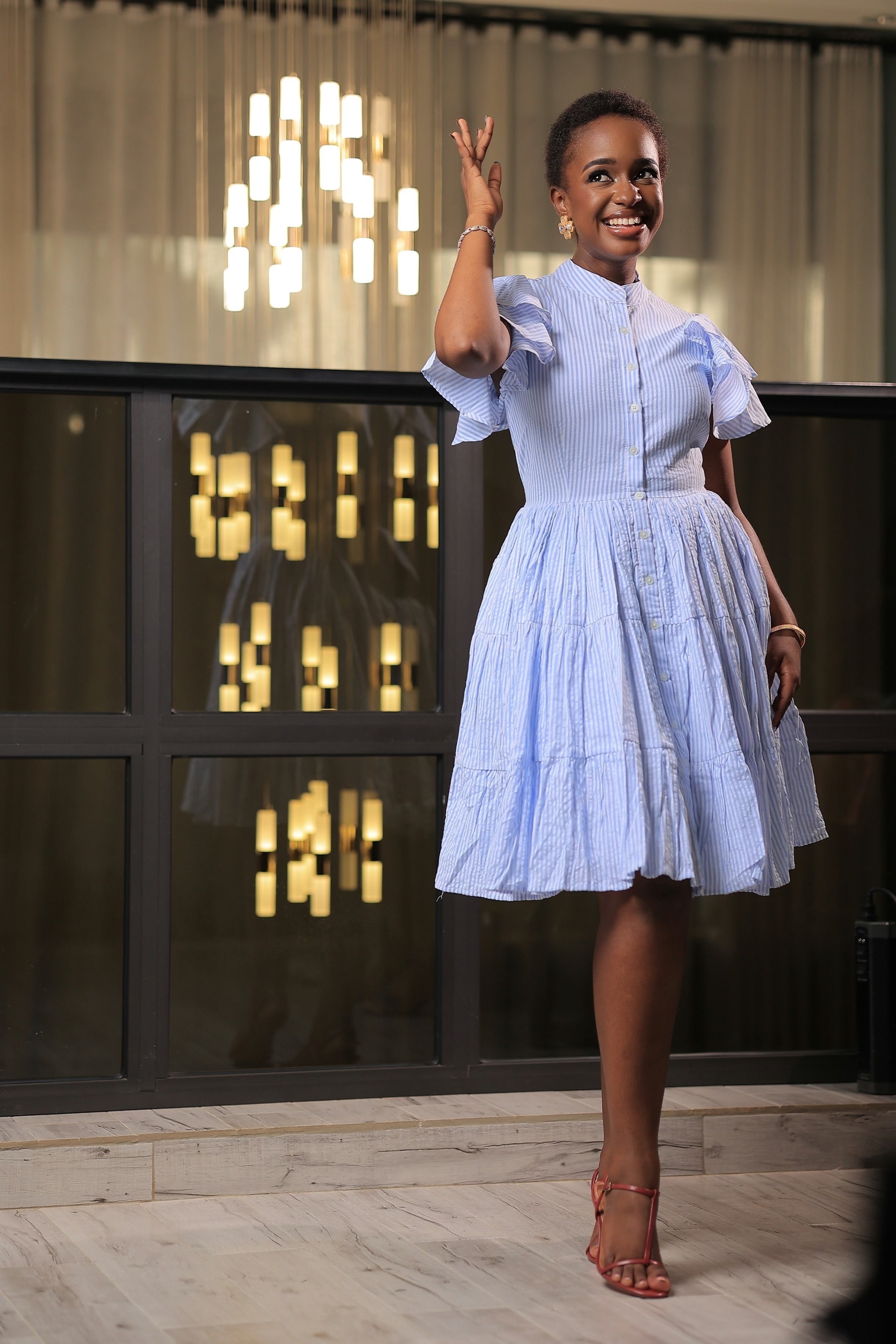 The Kansiime Blue Butterfly Sleeve Skater Dress