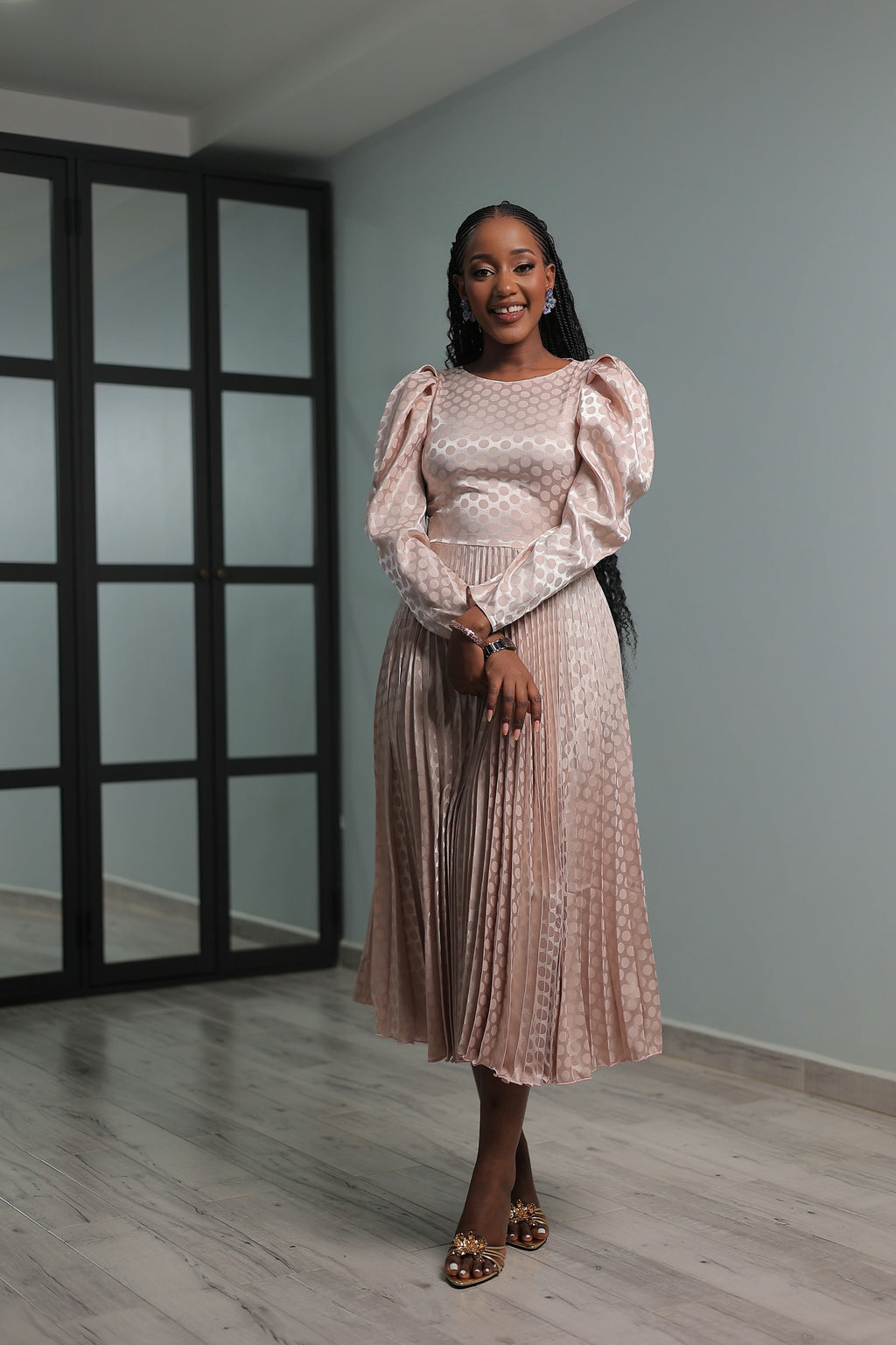 Zuri Polka Dot Satin Pleated Dress