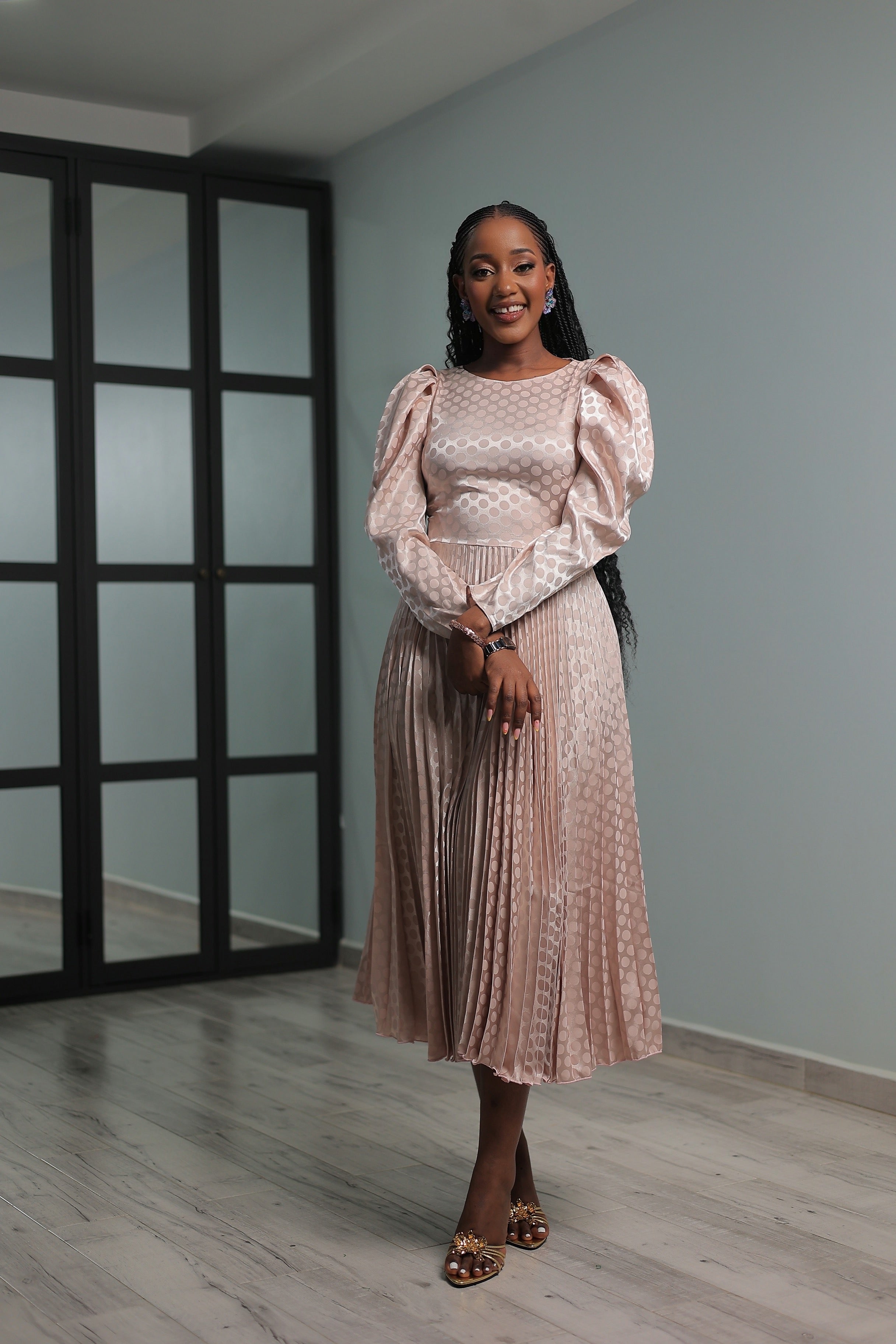 Zuri Polka Dot Satin Pleated Dress