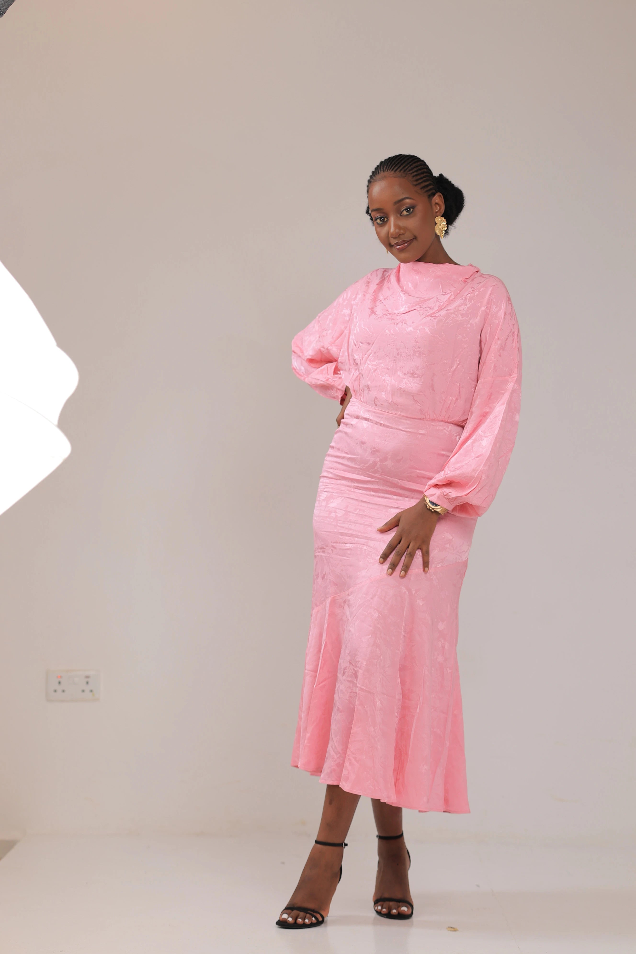 The Mimi satin pink crawl neck midi dress