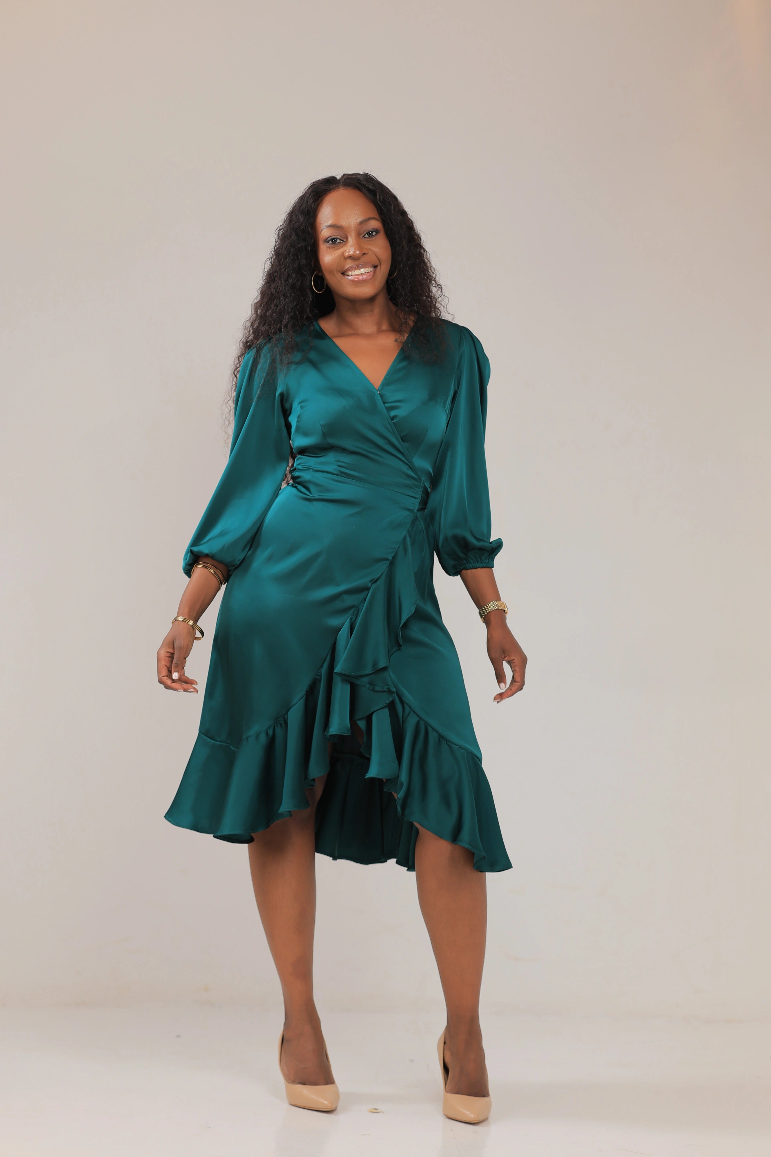 The Ultra lux satin wrap green dress