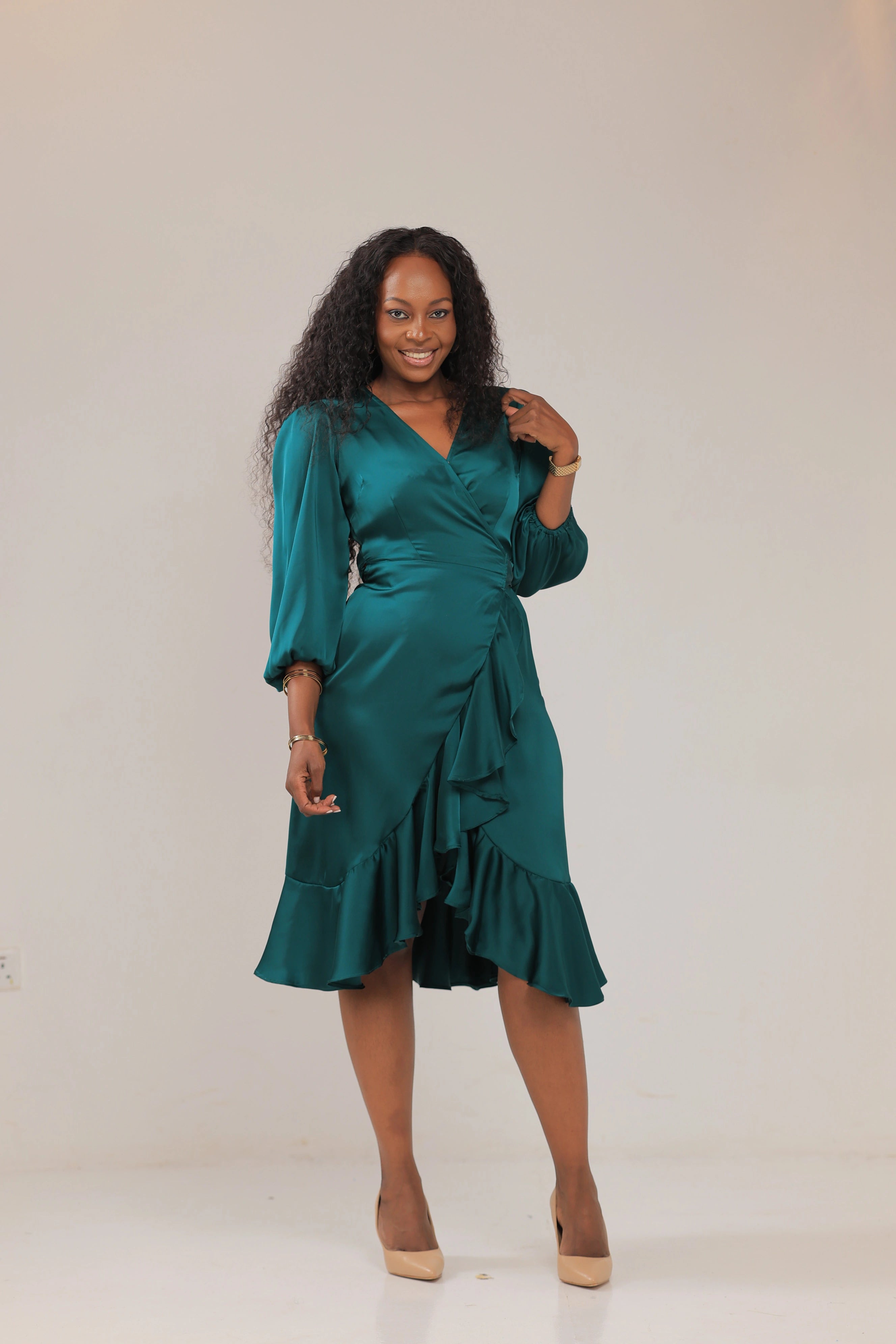 The Ultra lux satin wrap green dress