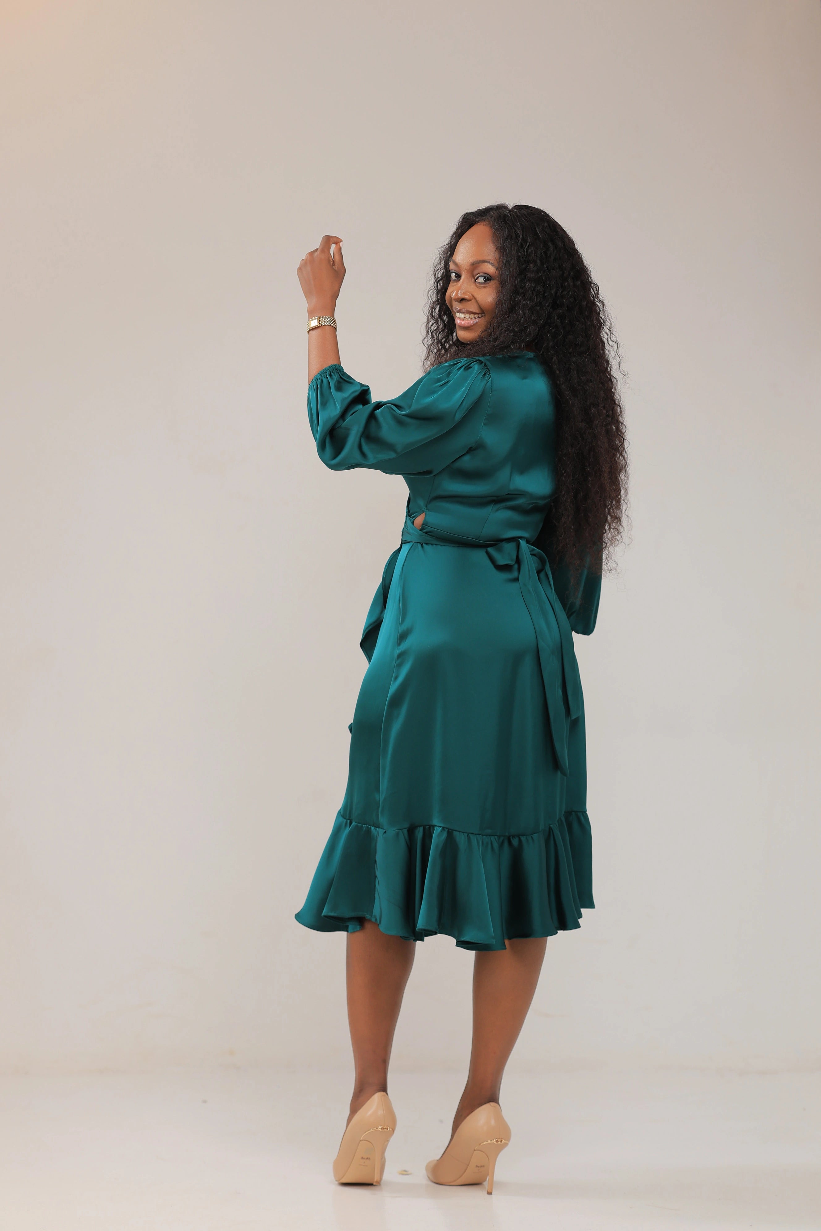 The Ultra lux satin wrap green dress